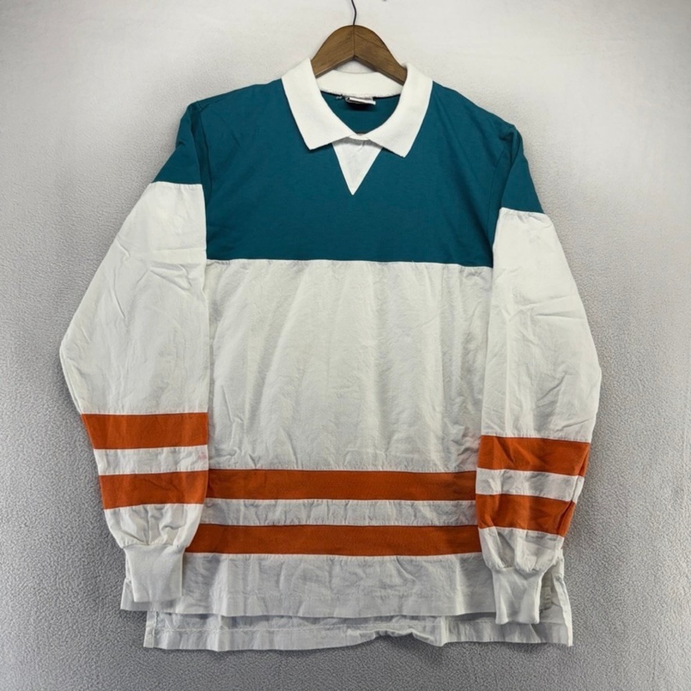 Vintage Miami Dolphins Rugby Shirt Mens Large Teal White Orange Colorblock Blank